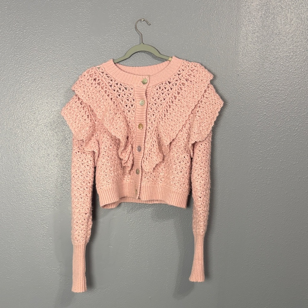 SOLD Farm Rio Pink Ruffle Knit Button-Front Sweater - Picture 2 of 4